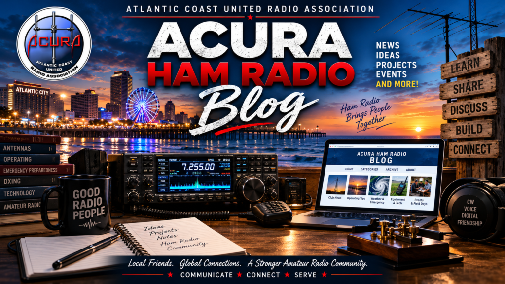 ACURA Ham Radio Blog header featuring amateur radio equipment, antennas, Morse code key, Atlantic City waterfront, and ham radio communications.