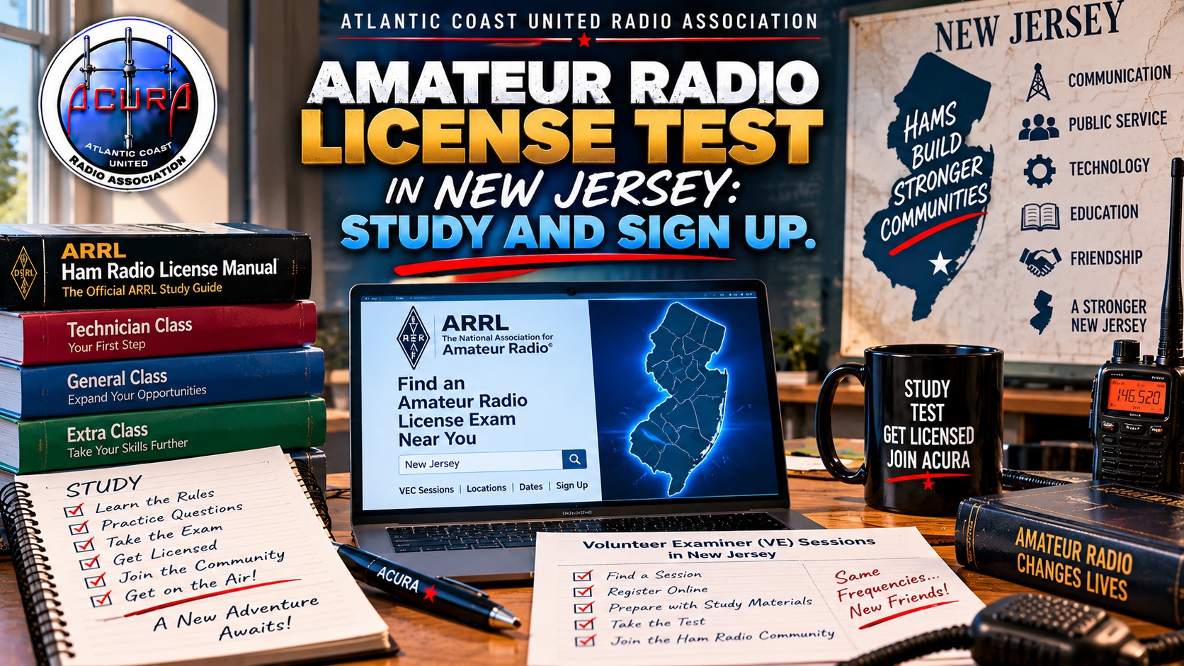 Amateur Radio License Test in New Jersey featuring ham radio study materials, Technician, General and Amateur Extra license preparation, and exam registration information.