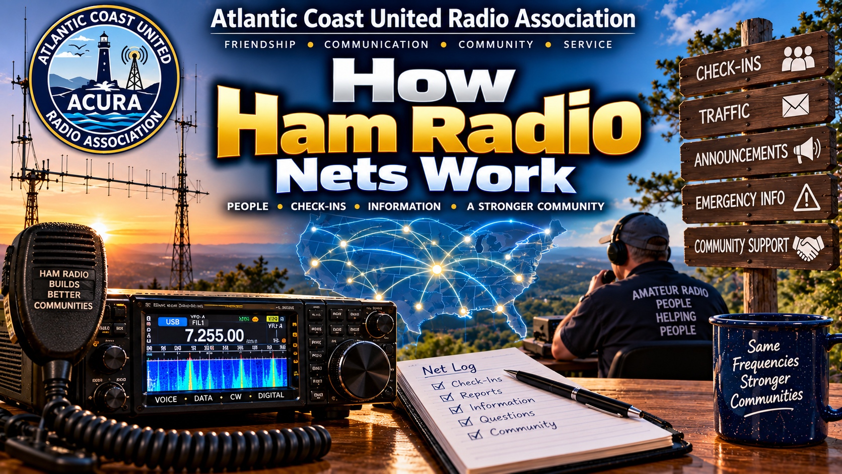 Ham radio operator checking into a ham radio net on a handheld radio