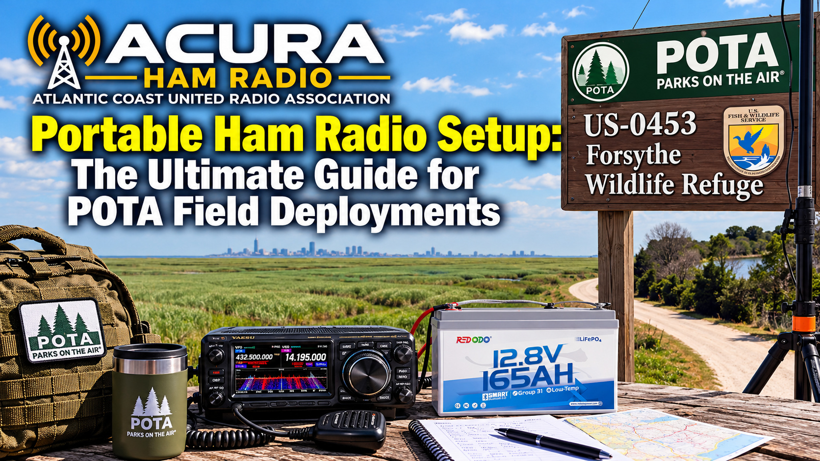ACURA Ham Radio portable POTA field station at Forsythe Wildlife Refuge, US-0453, featuring an HF transceiver, antenna, and portable radio equipment.