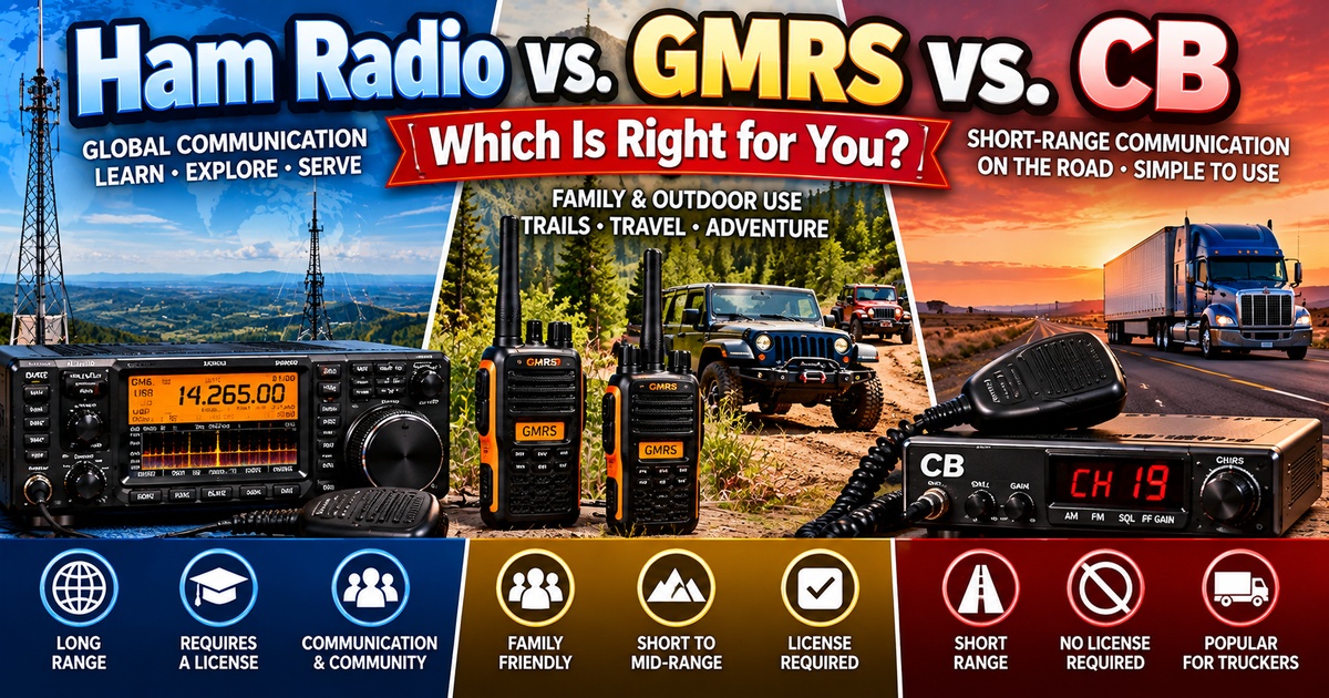 Ham Radio vs. GMRS vs. CB comparison showing radios, communication range, licensing requirements, and common uses for each radio service.