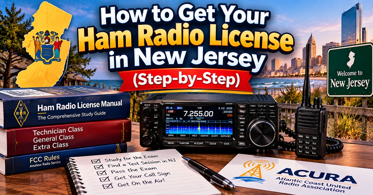 How to get your ham radio license in New Jersey with a step-by-step guide covering studying, finding an exam session, passing the test, receiving a call sign, and getting on the air.